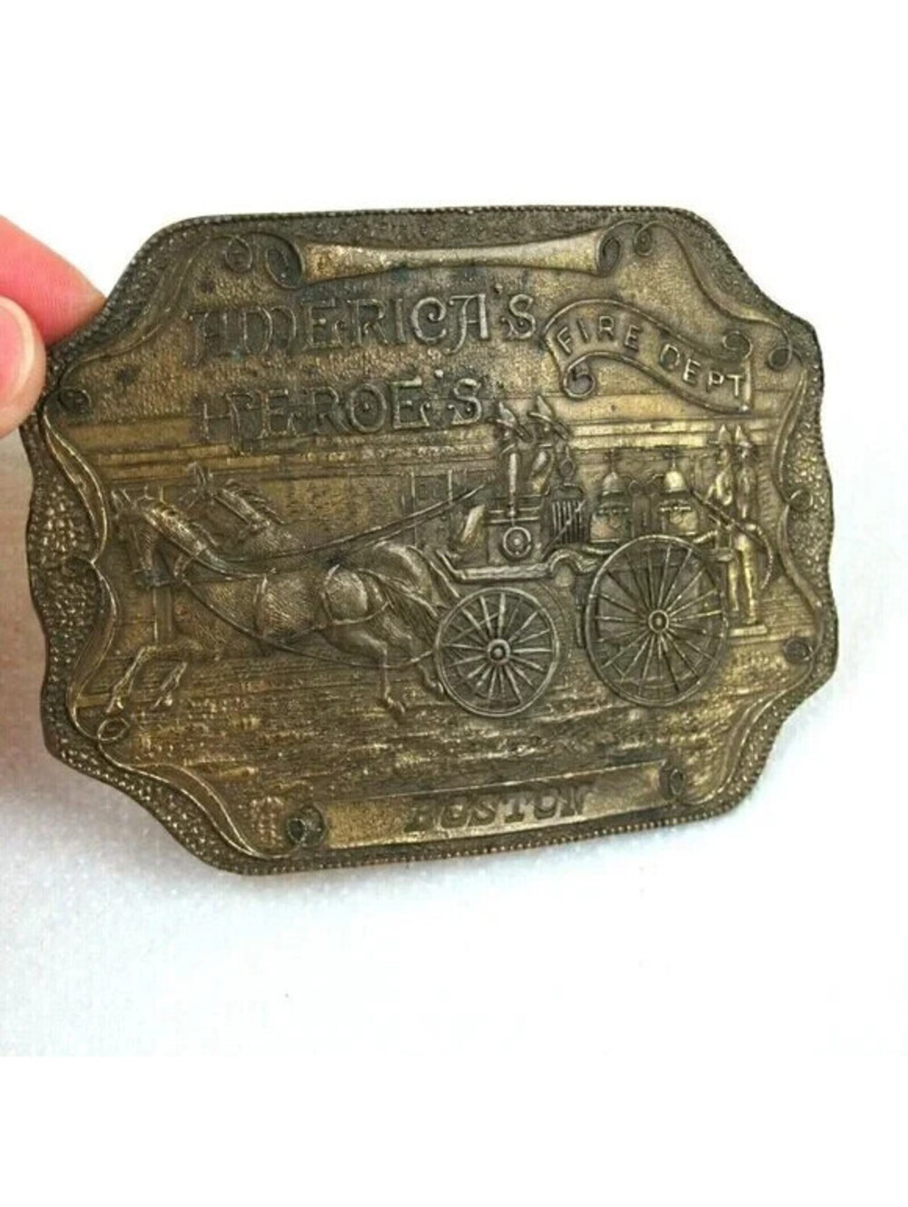 Vintage 1970s Belt Buckle Americas Heroes Boston Fire Department Metal